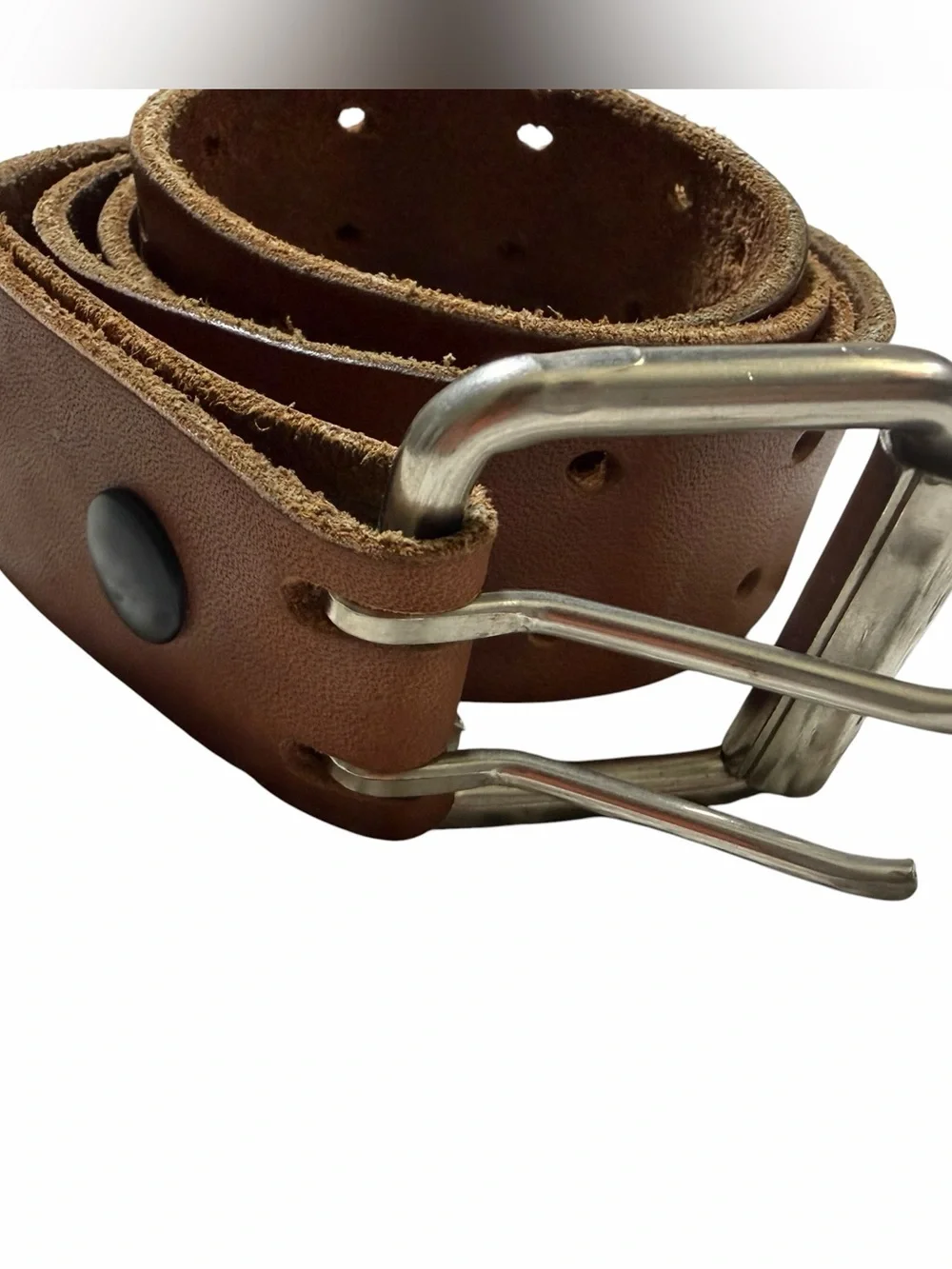 Men's Tan Leather Belt with Brushed Silver Buckle